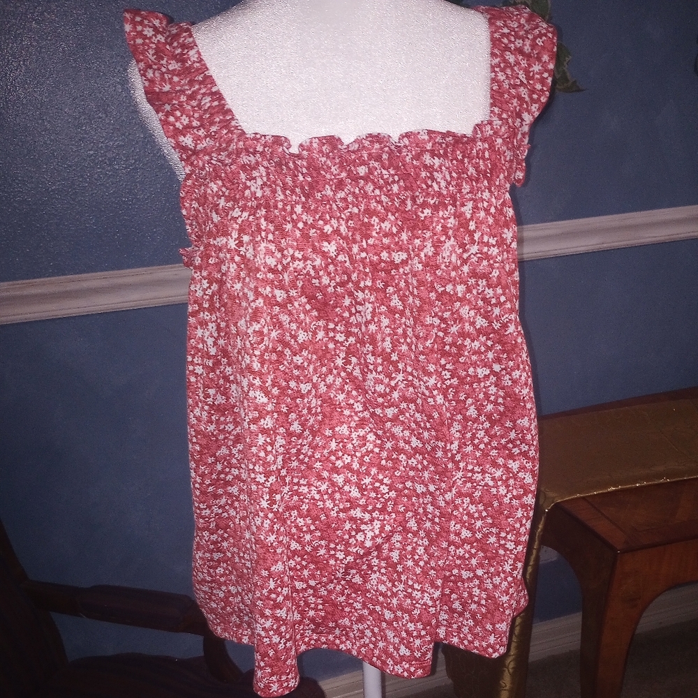 Loft Square Neckline Sleeveless Knit Floral Red/White Top